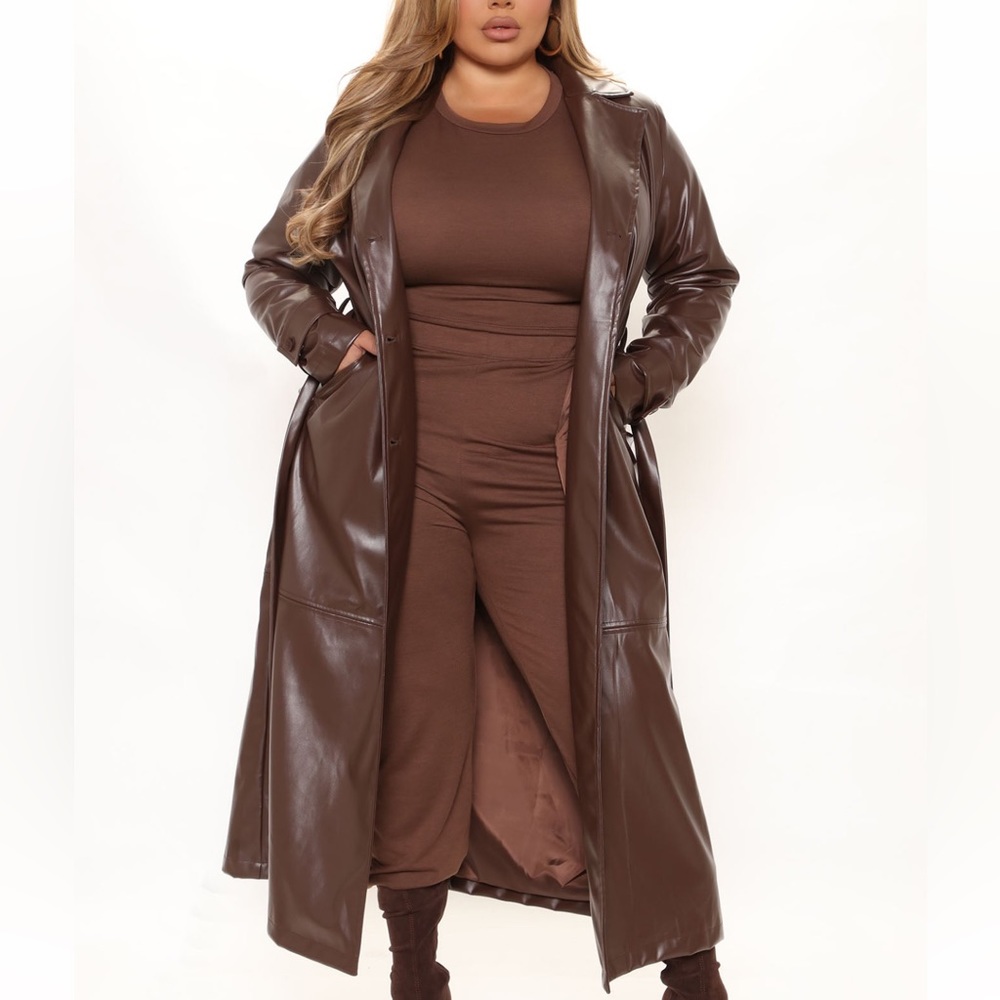 Faux Leather Trench Coat with Belt